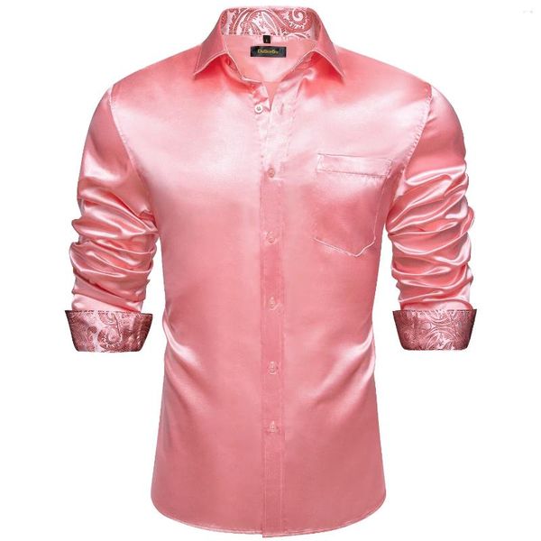 Chemises de robe pour hommes Luxury Rose solide Stretch Satin Prom Prom Tuxedo pour hommes Top à manches longues pour hommes avec des vêtements décontractés à cravate