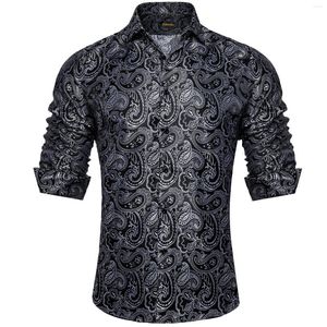 Heren -jurken Shirts Luxe zijde voor mannen Zwart zilveren Paisley Wedding Prom Party Button Down Collar Shirt Blose Clothing