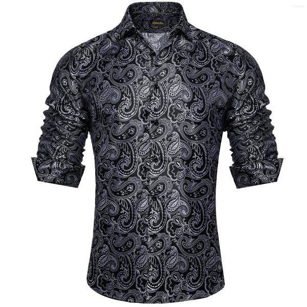 Camisas de vestir para hombre, seda de lujo para hombre, negro, plateado, Paisley, boda, fiesta de graduación, camisa con cuello abotonado, ropa Blose