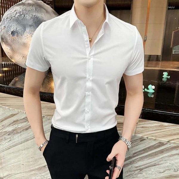 Camisas De Vestir Para Hombres Top Masculino Ropa Lisa De Negocios Negra Camisa De Manga Corta Y Blusa Slim Fit Estilo Coreano Hipster Informal Con Cuello Fresco