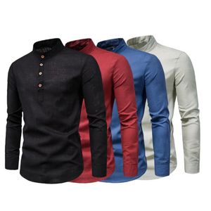 Men's Dress Shirts Men 's Autumn Cotton Linen Long Sleeve Blouse Business Shirt Anti-wrinkle Stand Collar Slim Formal Breathable TopsMen