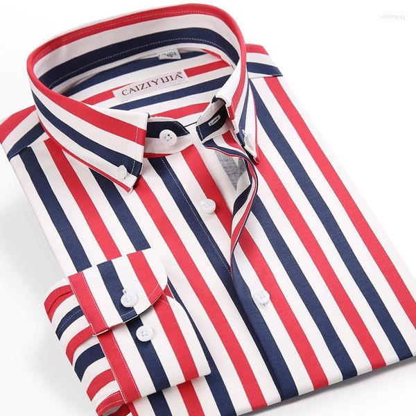 Chemises habillées pour hommes Chemise à rayures verticales colorées contrastées pour hommes sans poche Confortable Coupe standard Boutonnée à manches longues