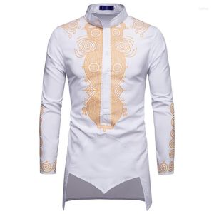 Hommes Chemises Habillées Hommes Chemise Africaine À Manches Longues De Luxe Or Imprimé Floral Col Montant Pour Style Ethnique Blanc Dashiki Mâle Pulls