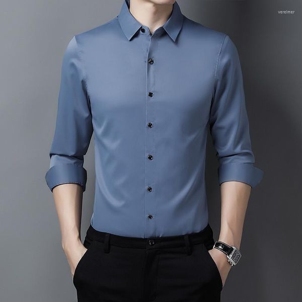 Camisas de vestir para hombres, camisa azul de manga larga con cuello extragrande para hombres, camisa informal de negocios para hombres con botones, camisa lisa de seda sintética Formal para hombres Ve