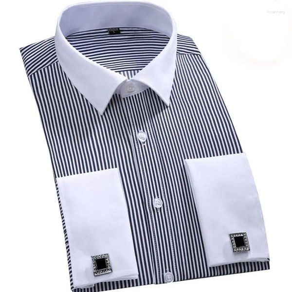 Camisas de vestir para hombre, camisa con gemelos franceses, marca 2024, ajustada, manga larga, puños a rayas para hombre (gemelos incluidos) 5XL