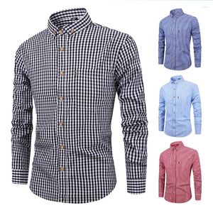 Camisas de vestir para hombres Camiseta de manga larga para hombres Camisa de algodón transpirable con botones casuales Impresión a cuadros Tops ajustados con bolsillo