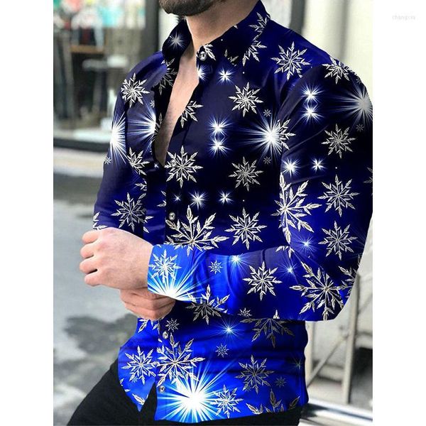 Camisas de vestir para hombres Moda para hombres Social Hombres Camisa abotonada con cuello vuelto Casual Cristales de hielo Imprimir Tops de manga larga Ropa para hombres