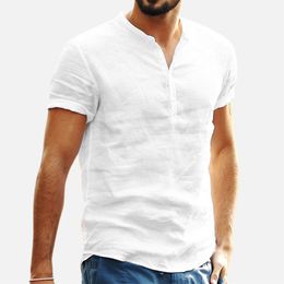 Chemises habillées pour hommes Chemise à manches courtes en lin de coton à col montant pour hommes Vêtements de marque pour hommes Tops pour hommes 230710