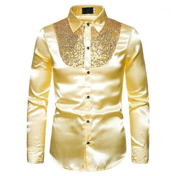 Chemises habillées pour hommes Hommes Satin Brillant Soie Chemise De Mariage À Manches Longues Sequin Fitness Slim Mâle Blouse Top À Volants Shirt1241Z