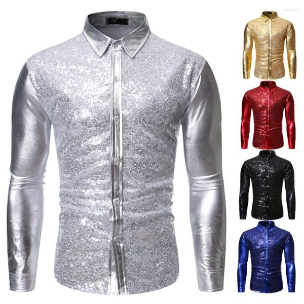 Chemises habillées pour hommes Hommes Paillettes Brillant Rouge Bleu Discothèque Porter Chemise EUR Taille Garçons Estampillé Argent Danse Fête De Mariage Smoking Complet