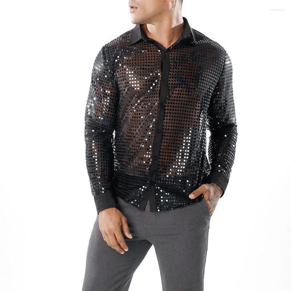 Chemises habillées pour hommes Hommes Chemise à paillettes pour rétro 70s Disco Quotidien 1 Automne Polyester Mesh Sequin Comfy Mens Golden Spring