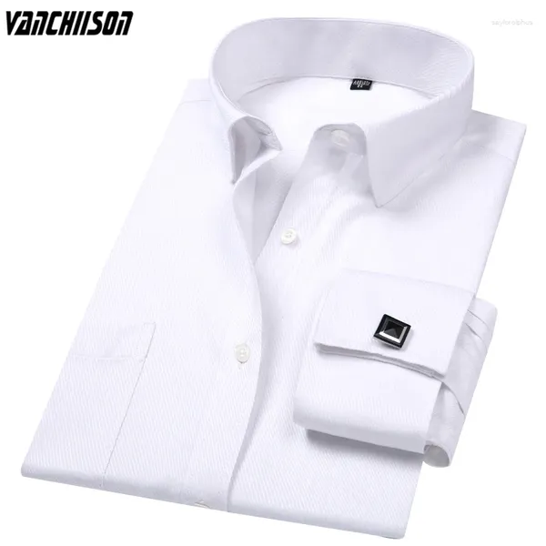 Camisas de vestir para hombres Camisa para hombres Puños Estilo francés formal para primavera verano Manga larga Ropa de moda masculina Color sólido Blanco 00503