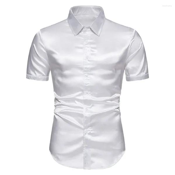 Camisas de vestir para hombres Camisa para hombres Vacaciones diarias Seda Estiramiento ligero Color sólido Tops de verano Esmoquin Boda Fiesta de graduación Casual Solapa como