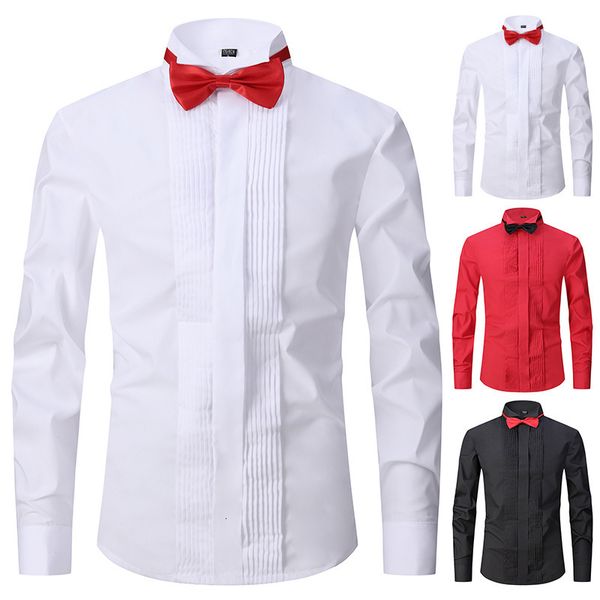 Camisas de vestir para hombres Hombres Boda Esmoquin Manga larga Gemelos franceses Cola de golondrina Pliegue Botón oscuro Diseño Camisa de caballero Blanco Rojo Negro 230921