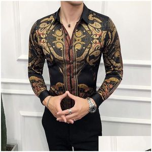 Heren overhemden heren 2021 band herfst goud sociaal cluboverhemd luxe barokke camisa slim fit zwart designer droplevering kleding C Dhxsa