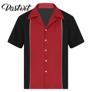 Chemises habillées pour hommes Chemises de bowling pour hommes Chemises rétro à manches courtes boutonnées Casual 50s Tee Color Block Striped Notched Collar Shirt 230809