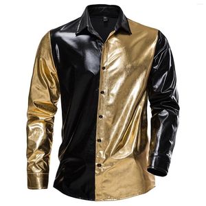 Chemises habillées pour hommes Mens Fashion Shiny Metallic Color Block Shirt 70s Disco Theme Party Long Sleeve Button Down Stage Performance Costume