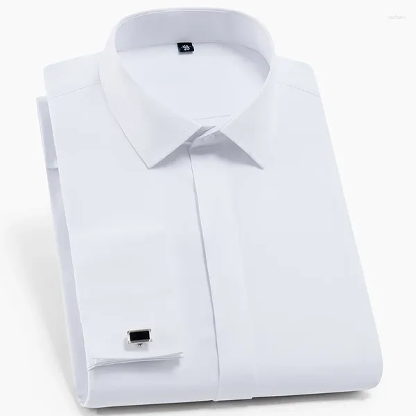 Camisas de vestir para hombres Camisa de manga larga con puños franceses para hombre Sin bolsillo Botones ocultos en el frente Ajuste estándar Gemelos formales lisos