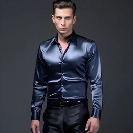 Chemises habillées pour hommes Chemise en soie satinée pour hommes à manches longues Slim Business Formel Casual Tops Classique 231009