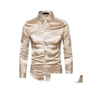 Heren Overhemden Zijden Heren Shirt Lange Mouw Revers Single Breasted Zwart Goud Satijn Casual Slim Fit Sociale Formele Herenkleding Drop