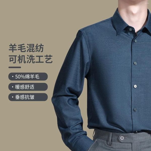 Camisas de vestir para hombres Naizaiga 50% lana de oveja azul sólido manga larga invierno cálido hombres camisa de negocios PS5