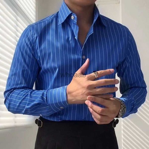 Camisas de vestir para hombres Camisa casual de rayas azul marino Hombres de negocios Versátil Sin hierro Nápoles Cuello extendido italiano Manga larga Camisa de moda para caballero YQ230926