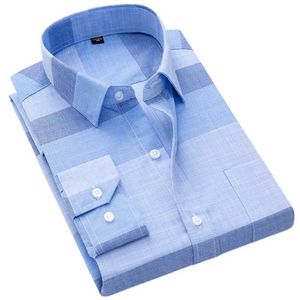 Chemises habillées masculines nouvelles chemises de marque hommes longs li longs formels plaid plaid décontracté doux confortable bouton simple bouton de poche