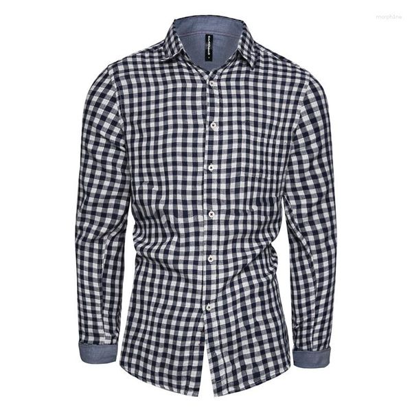 Camisas de vestir para hombres Bonita primavera Camisa masculina Casual Plaid Manga larga Hombres Slim Fit Solapa Alta Calidad Moda de algodón