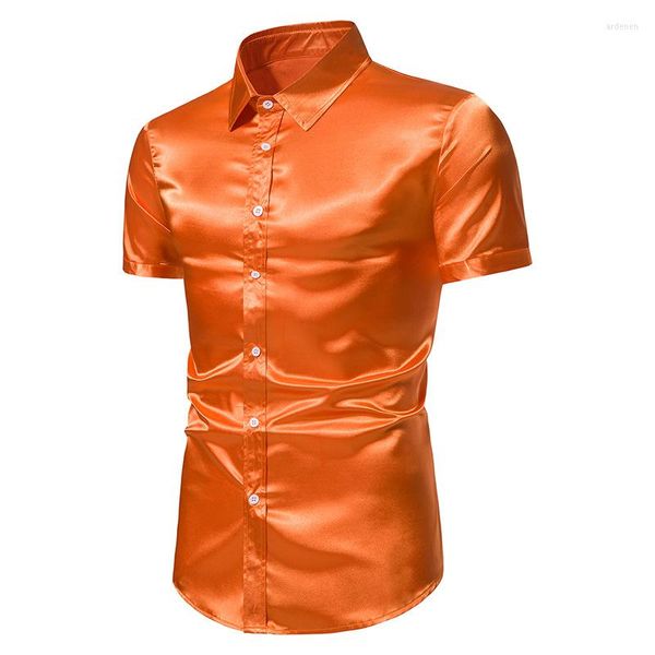 Camisas de vestir para hombre, satén de seda naranja, para club nocturno, discoteca, fiesta, boda, manga corta, ajustada, informal, Chemise