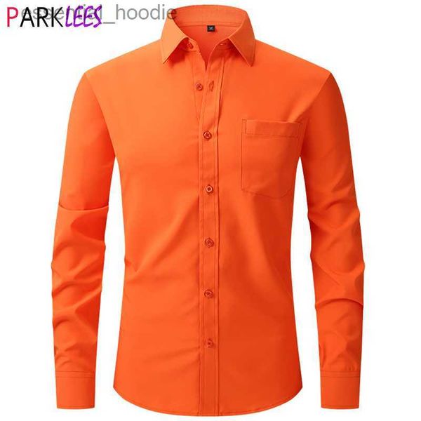 Chemises habillées pour hommes Chemise habillée extensible orange hommes 2023 tout neuf coupe régulière Chemise boutonnée à manches longues sans plis Chemise facile d'entretien Homme 2XL L230921