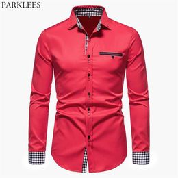 Heren Overhemden Parklees Rode Plaid Patchwork Shirt Mannen 2021 Merk Formele Zakelijke Heren Lange Mouw Casual Button Down Chem341Q