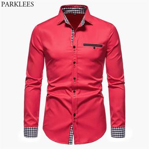Chemises habillées pour hommes Parklees Red Plaid Patchwork Chemise Hommes 2021 Marque Formelle Business Mens Manches Longues Casual Bouton Down Chem341Q