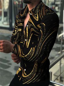 Luxury Men's Dress Shirt: Gold Print, Long Sleeve, Business Casual, Black, Tuxedo, Party