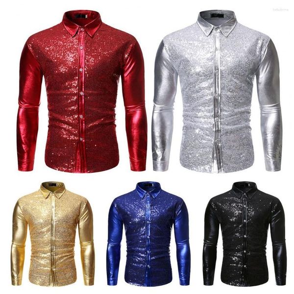 Chemises habillées pour hommes Chemise de fête Hommes élégants Disco Brillant Or Paillettes 3D Coupe Top Brillant Stage Show Clubwear