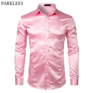 Camisas de vestir para hombres Camisa de vestir de lujo de satén de seda rosa para hombres 2022 Nueva camisa de esmoquin de manga larga delgada para hombre Club de bodas Fiesta Baile de graduación Camisas P230427