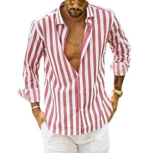 Chemises habillées pour hommes rose blanc rayé chemisier hauts été mâle OL bouton à manches longues chemisier homme chemise surdimensionné S-5XL FYY-10781 230612