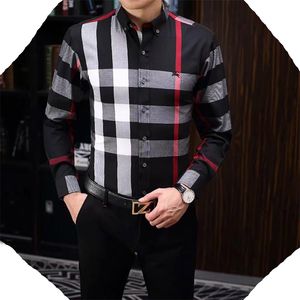 Camisas sociais masculinas Camisa xadrez de manga comprida Camisa masculina justa de algodão sem ferro Tamanho de bolso Grande Roupa masculina