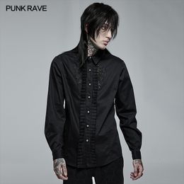 Vestido masculino camisas punk rave gótico diário applique micro elástico manga longa camisa plissado placket casual roupas masculinas preto 230921