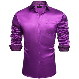 Chemises habillées pour hommes Satin de luxe en satin violet Smooth Soild Wedding Party Social Tuxedo Prom Shirt Long Manneve Top Men Casual Men Tissu