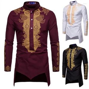 Camisas de vestir para hombres Ramadán Manga larga Moda musulmana recta Longitud media Camisetas estampadas Ropa africana delgada Tops