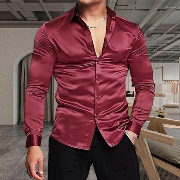 Camisas de vestir para hombres Rojo Lujo Seda brillante Satén Manga larga Sólido Casual Slim Wedding Party Social Shirt Plus Tamaño S-3XL