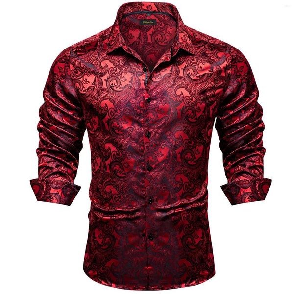 Chemises habillées pour hommes Chemises en soie rouge Hommes à manches longues Chemise sociale de luxe Blouse Designer Night Bar Prom Wedding Party Vêtements en gros