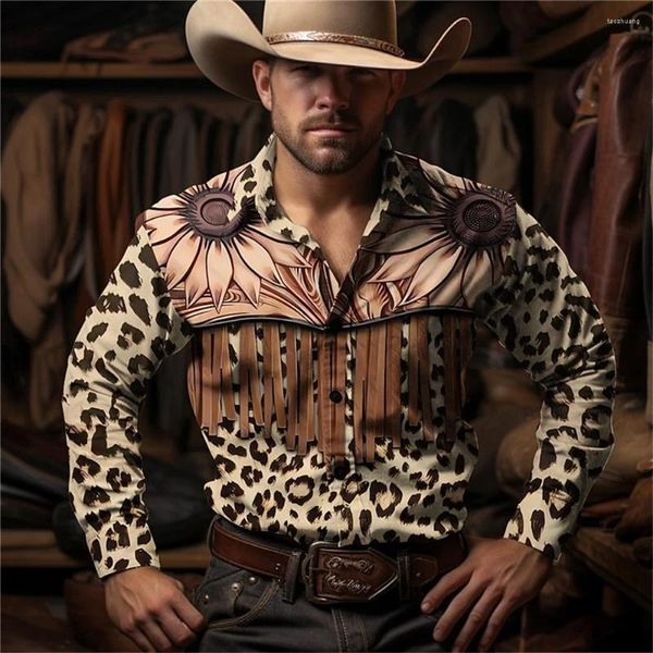 Camisas de vestir para hombres Retro de manga larga Vaquero occidental Camisa social masculina Blusa Rockabilly Hombres Calle Vintage Moda Ropa casual Camisas