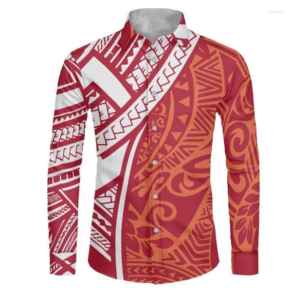 Chemises habillées pour hommes Samoan Tribal Tattoo Print Button Up Shirt Hommes Vêtements Mode Automne Casual Rouge / Blanc À Manches Longues Chemises Pour HommesVere22