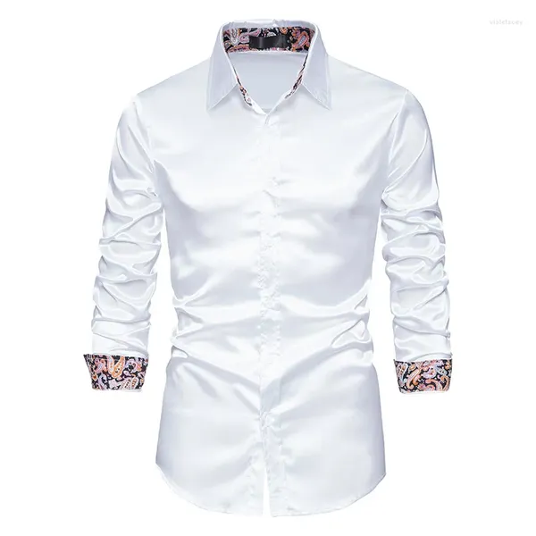 Chemises habillées pour hommes Satin Soie Patchwork Chemise pour hommes Casual Lisse Doux Travail À Manches Longues Chemise Hombre Mode Mariage Fête De Bal