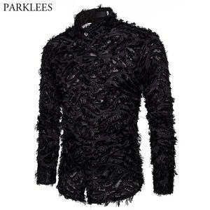 Chemises habillées pour hommes Sexy Black Feather Lace Shirt Men Fashion See Through Clubwear Mens Event Party Prom Chemise transparente S3XL 230707