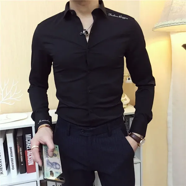 Chemises de robe pour hommes et chemisier des vêtements noirs marques d'activité à manches longues mâles formels avec manches slim fit hipster Asia Collar