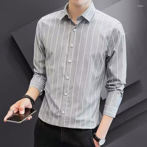 Camisas de vestir para hombres, camisa y blusa, ropa a rayas, manga larga, seda, marca superior para hombre, ajustada, Hipster, estilo coreano, estética en Asia