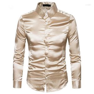 Herenoverhemden Zijden overhemd Lange mouw Revers Enkele rij knopen Zwart Goud Satijn Casual Slim Fit Sociaal Formeel Herenkleding