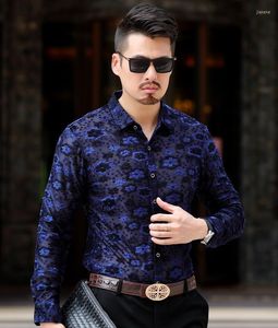 Chemises habillées pour hommes Soie Vevlet Hommes Floral Voir à travers l'été Mince Doux À Manches Longues Homme Chemise Camisa Social Masculina Chemise HommeHommes